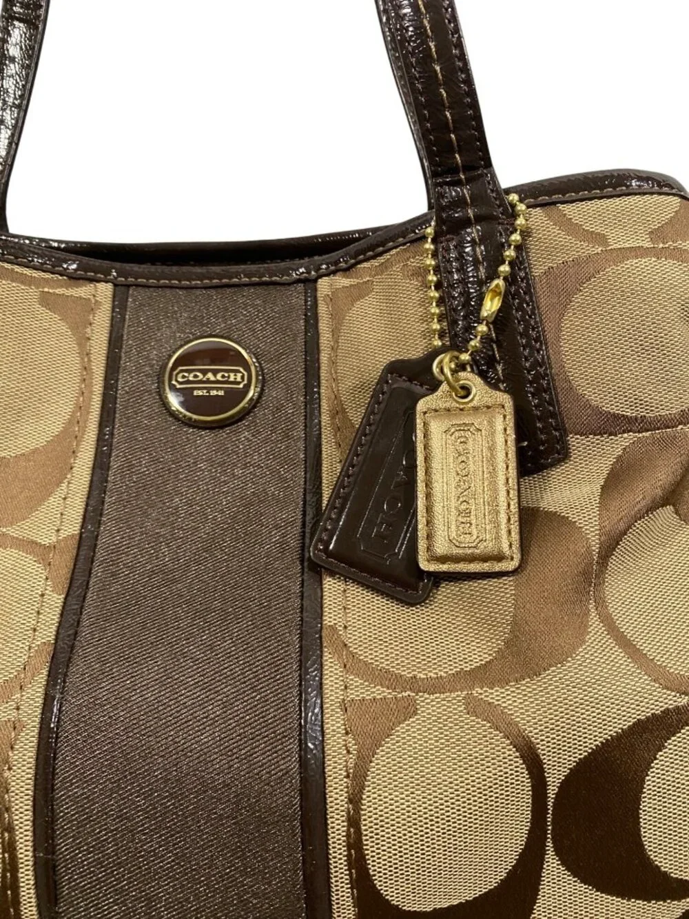 Coach Signature Canvas Tote Bag With Brown Leather Trim & Gold Hardware F21949